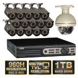 Q-See 16 Channel 960H Security System with 15 High-Resolution 700TVL Cameras, 1 Pan-tilt Camera and 1TB Hard Drive